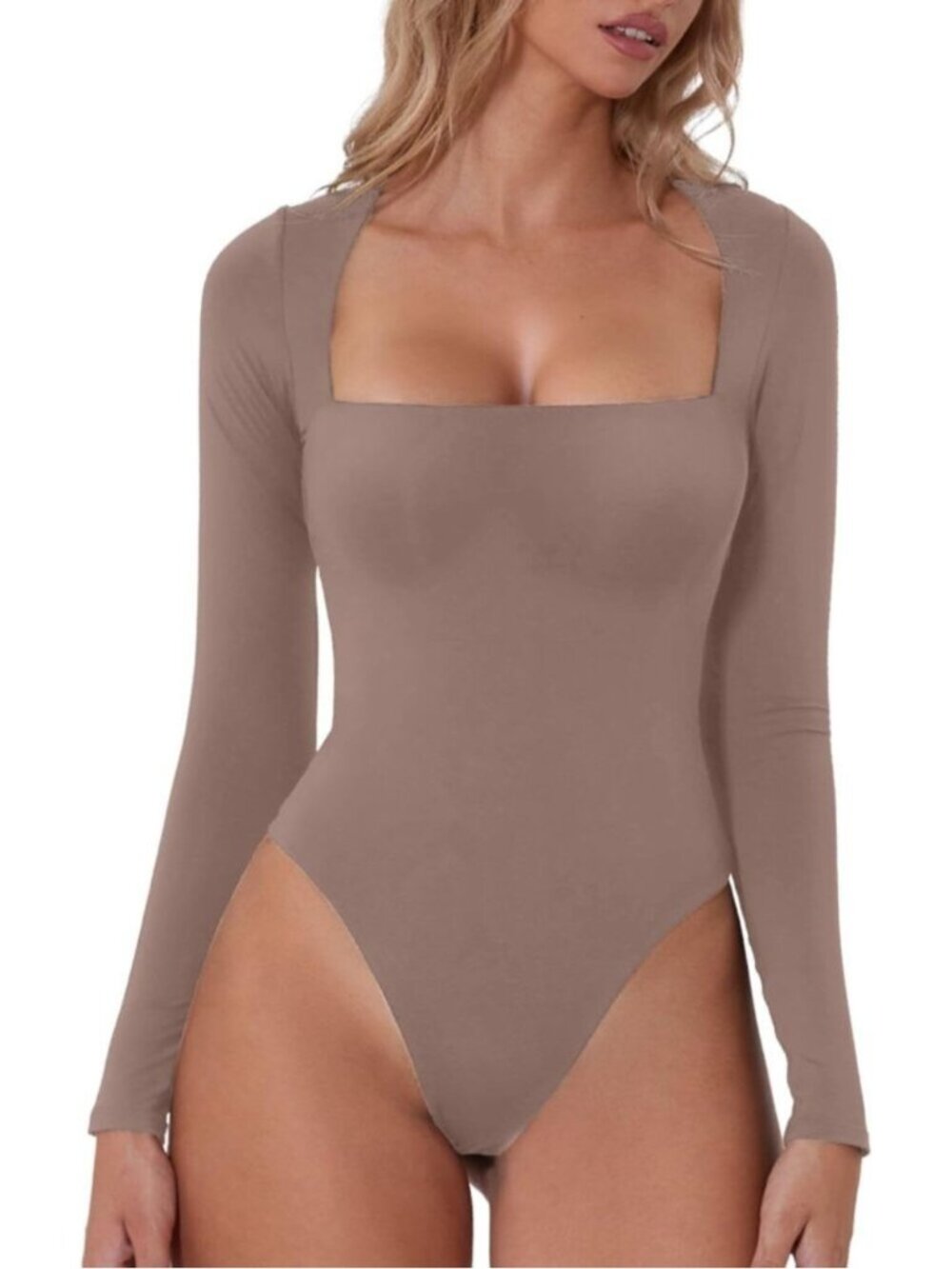 🆕Womens Rose Taupe Mauve Square Neck Long Sleeve Bodysuit Double Lined Sexy Top